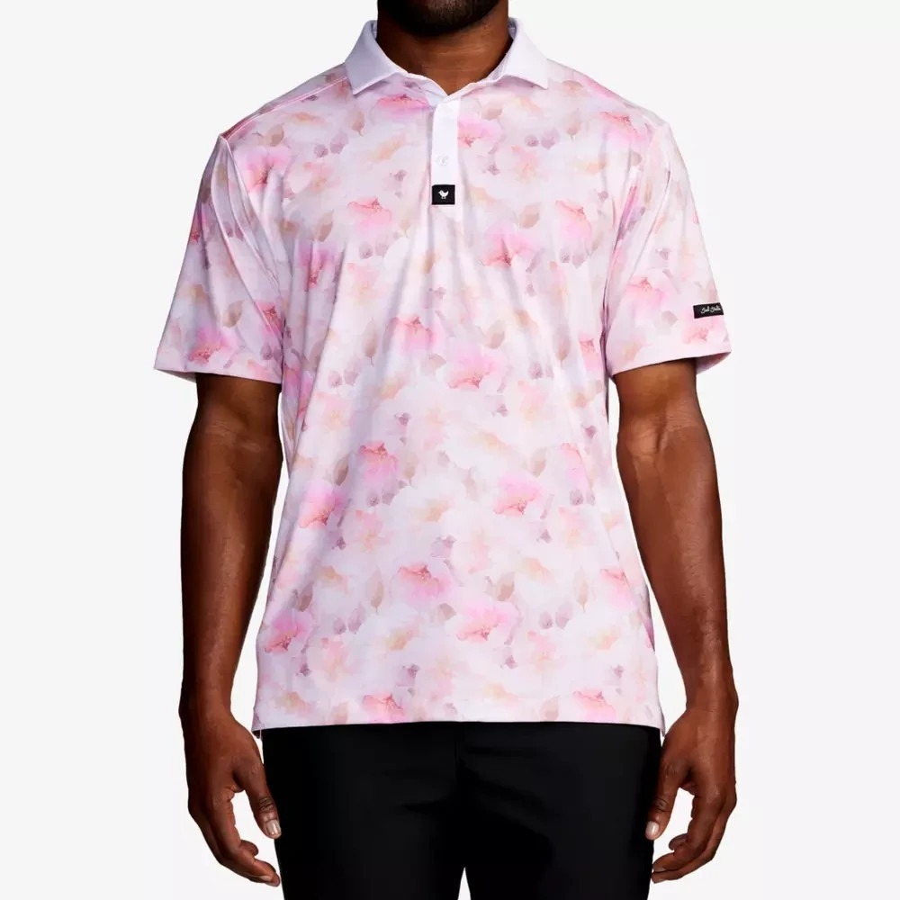 Bad Birdie The Bungalow Polo Mens Medium M Pink/White Floral Golf Shirt UPF 50+